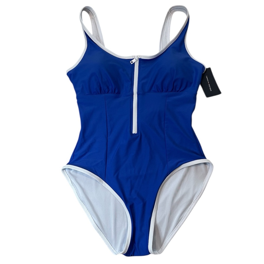 Tommy Hilfiger Swim One Piece Bathing Suit Size XL NWT Blue White Front Zip